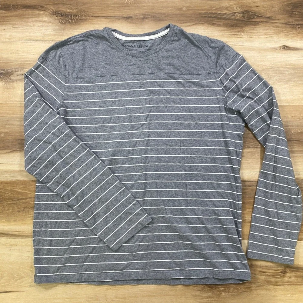 Banana Republic Long Sleeve Tee Mens XL Striped Soft Wash Classic Grey White